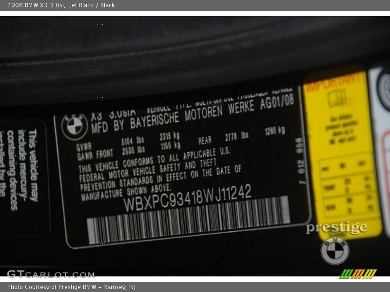 Jet Black / Black 2008 BMW X3 3.0si