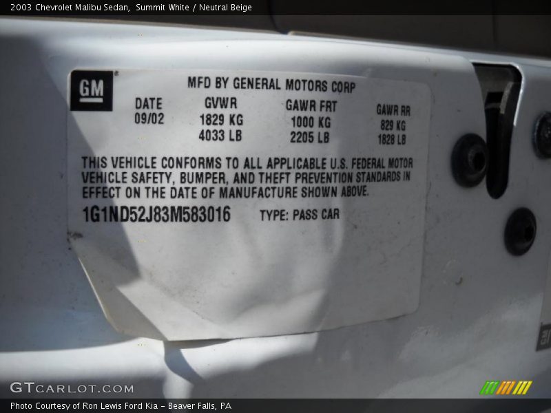 Summit White / Neutral Beige 2003 Chevrolet Malibu Sedan