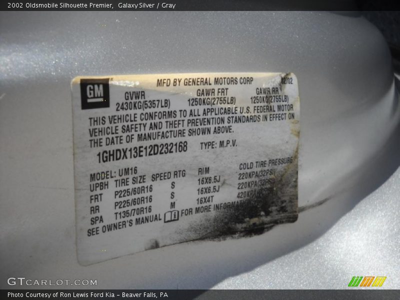 Galaxy Silver / Gray 2002 Oldsmobile Silhouette Premier