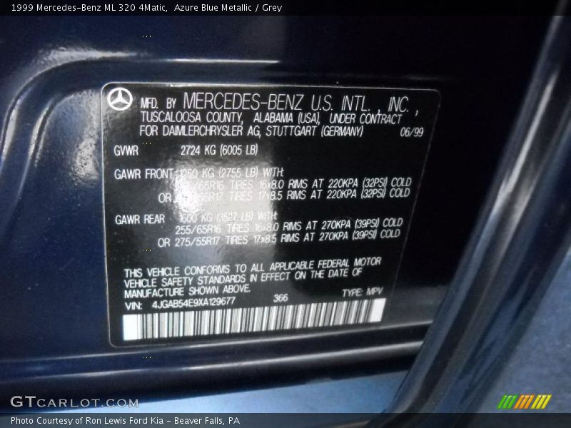Azure Blue Metallic / Grey 1999 Mercedes-Benz ML 320 4Matic