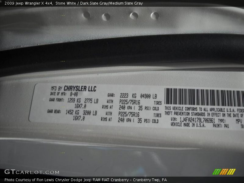 Stone White / Dark Slate Gray/Medium Slate Gray 2009 Jeep Wrangler X 4x4