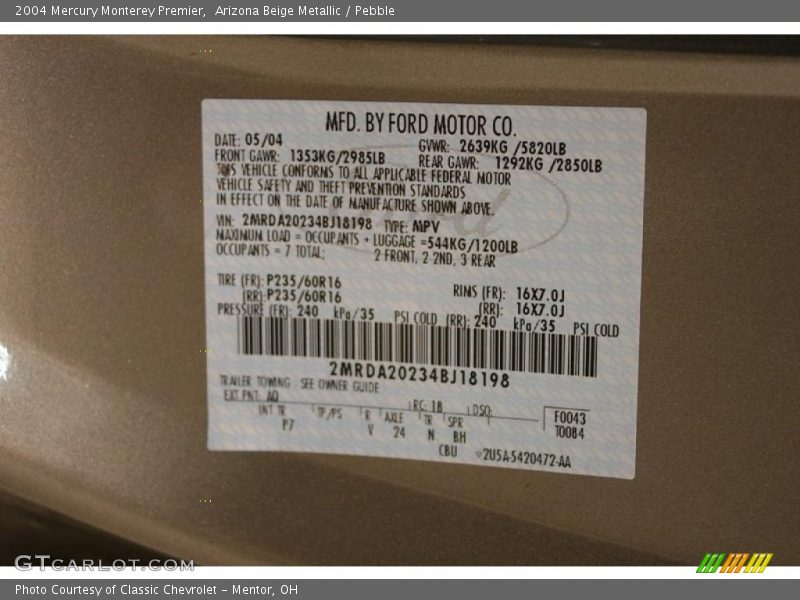 Arizona Beige Metallic / Pebble 2004 Mercury Monterey Premier