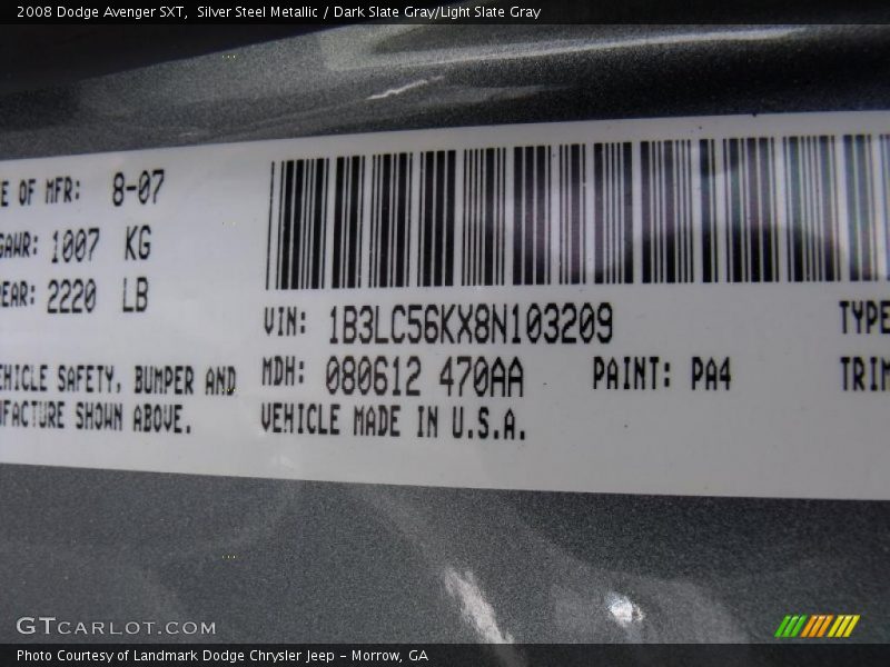 Silver Steel Metallic / Dark Slate Gray/Light Slate Gray 2008 Dodge Avenger SXT