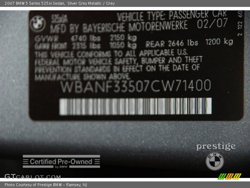 Silver Grey Metallic / Grey 2007 BMW 5 Series 525xi Sedan
