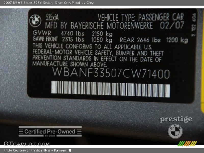 Silver Grey Metallic / Grey 2007 BMW 5 Series 525xi Sedan