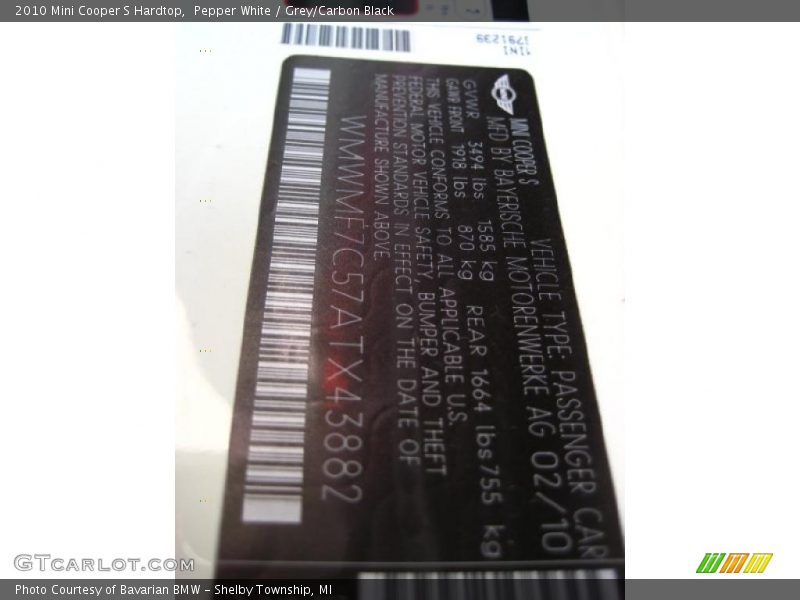 Pepper White / Grey/Carbon Black 2010 Mini Cooper S Hardtop