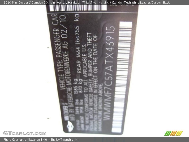 White Silver Metallic / Camden Tech White Leather/Carbon Black 2010 Mini Cooper S Camden 50th Anniversary Hardtop