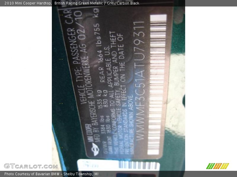 British Racing Green Metallic / Grey/Carbon Black 2010 Mini Cooper Hardtop