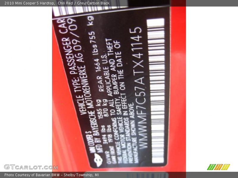 Chili Red / Grey/Carbon Black 2010 Mini Cooper S Hardtop