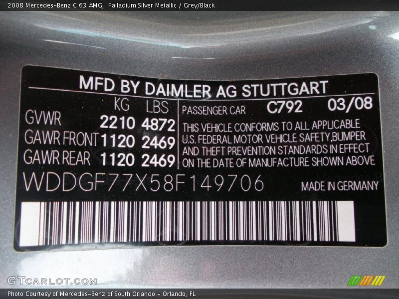 2008 C 63 AMG Palladium Silver Metallic Color Code 792