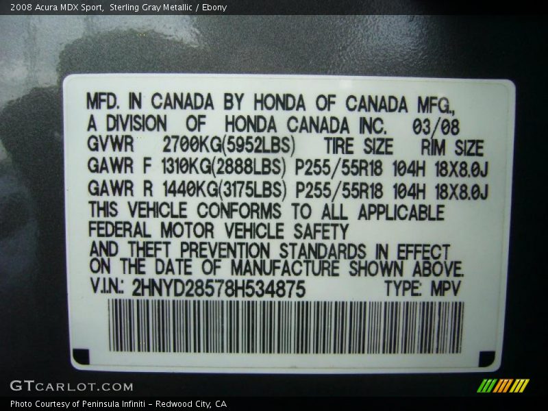 Sterling Gray Metallic / Ebony 2008 Acura MDX Sport