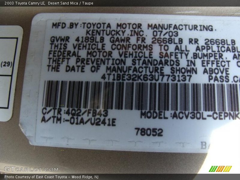 Desert Sand Mica / Taupe 2003 Toyota Camry LE