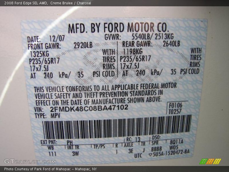Creme Brulee / Charcoal 2008 Ford Edge SEL AWD
