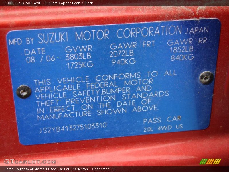 Sunlight Copper Pearl / Black 2007 Suzuki SX4 AWD