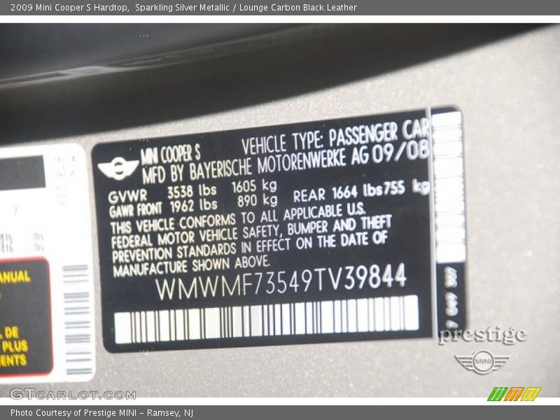 Sparkling Silver Metallic / Lounge Carbon Black Leather 2009 Mini Cooper S Hardtop