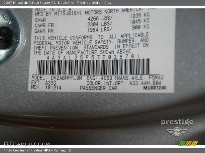 Liquid Silver Metallic / Medium Gray 2007 Mitsubishi Eclipse Spyder GS