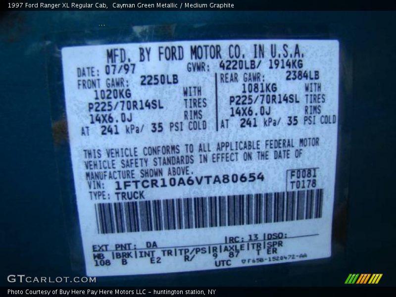 1997 Ranger XL Regular Cab Cayman Green Metallic Color Code DA