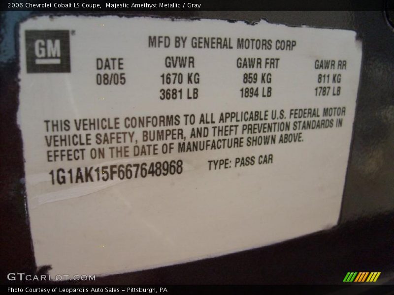 Majestic Amethyst Metallic / Gray 2006 Chevrolet Cobalt LS Coupe