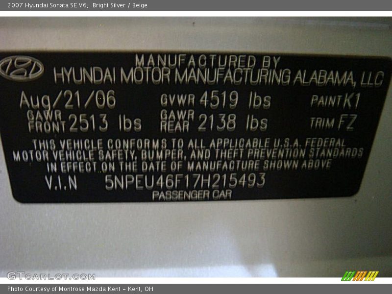 Bright Silver / Beige 2007 Hyundai Sonata SE V6