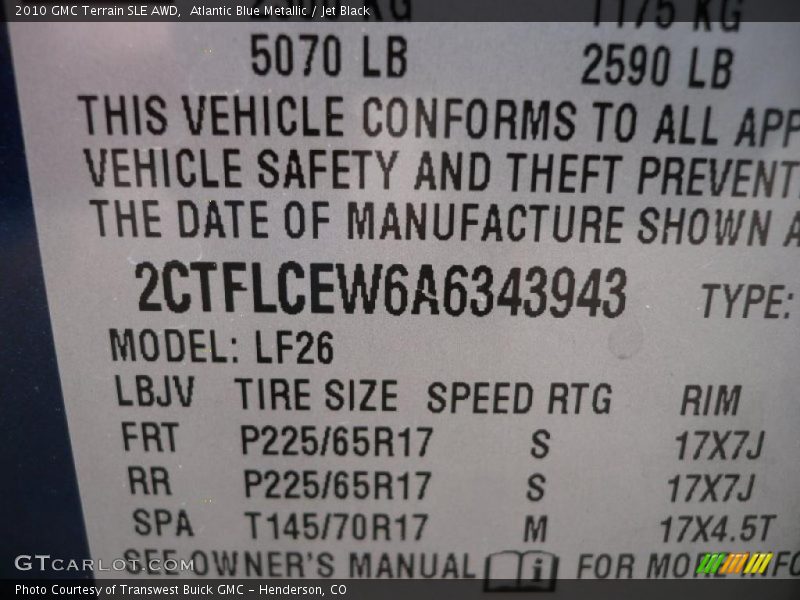Atlantic Blue Metallic / Jet Black 2010 GMC Terrain SLE AWD
