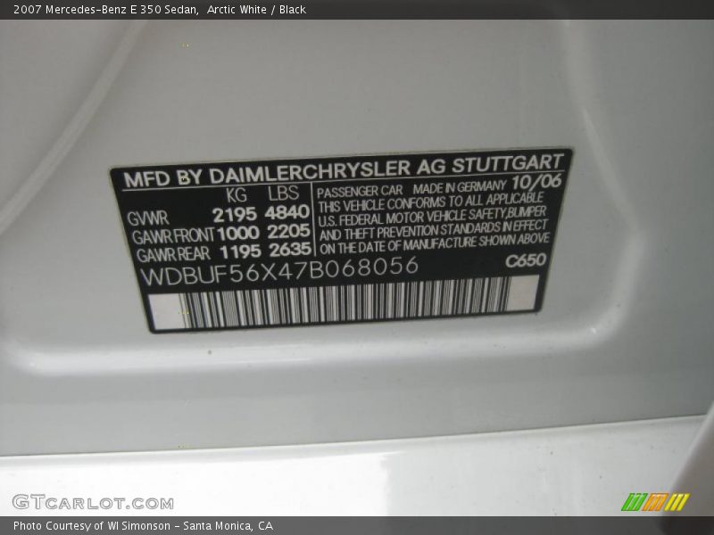 Arctic White / Black 2007 Mercedes-Benz E 350 Sedan