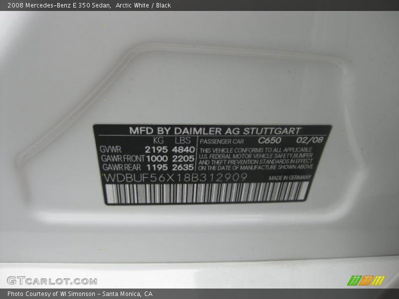 Arctic White / Black 2008 Mercedes-Benz E 350 Sedan