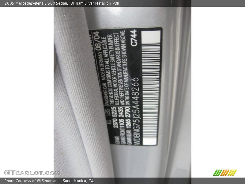 Brilliant Silver Metallic / Ash 2005 Mercedes-Benz S 500 Sedan