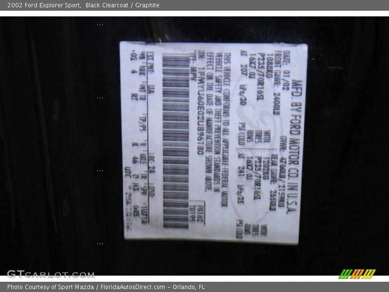 Black Clearcoat / Graphite 2002 Ford Explorer Sport
