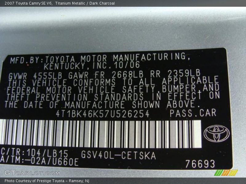 Titanium Metallic / Dark Charcoal 2007 Toyota Camry SE V6