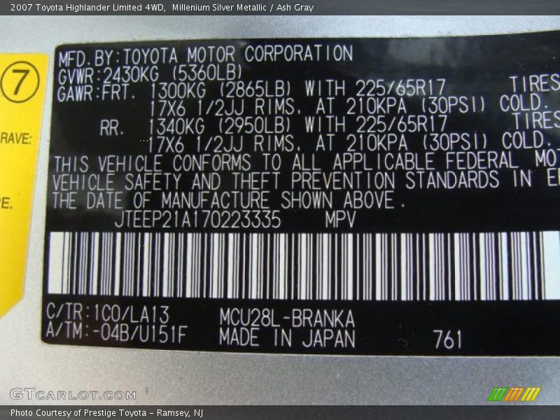 Millenium Silver Metallic / Ash Gray 2007 Toyota Highlander Limited 4WD