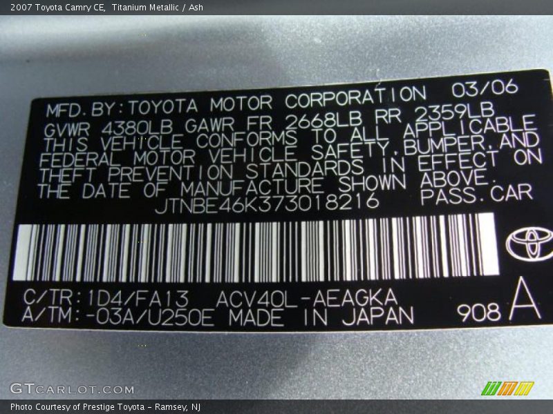 Titanium Metallic / Ash 2007 Toyota Camry CE