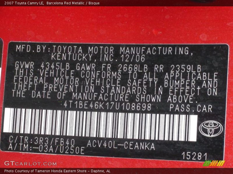 Barcelona Red Metallic / Bisque 2007 Toyota Camry LE