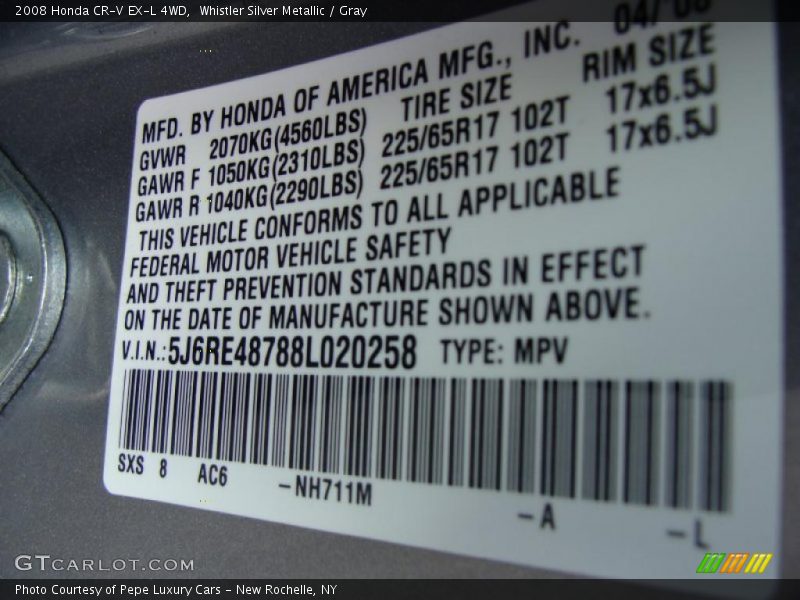 Whistler Silver Metallic / Gray 2008 Honda CR-V EX-L 4WD