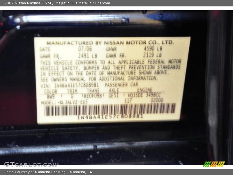 Majestic Blue Metallic / Charcoal 2007 Nissan Maxima 3.5 SE