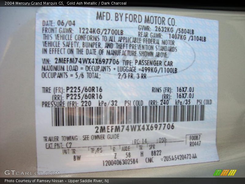 Gold Ash Metallic / Dark Charcoal 2004 Mercury Grand Marquis GS