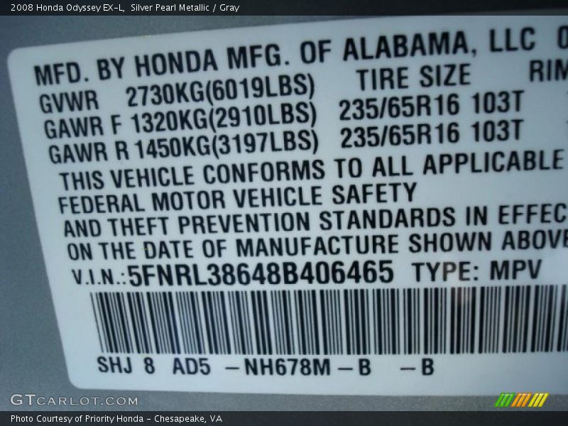 Silver Pearl Metallic / Gray 2008 Honda Odyssey EX-L
