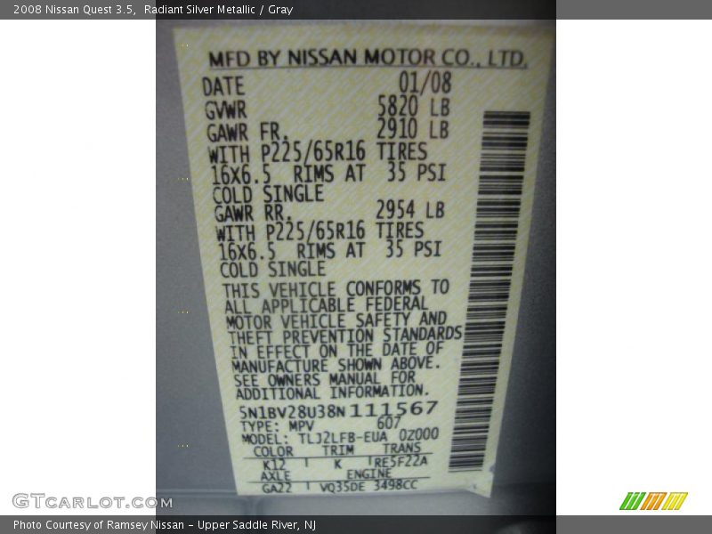 Radiant Silver Metallic / Gray 2008 Nissan Quest 3.5