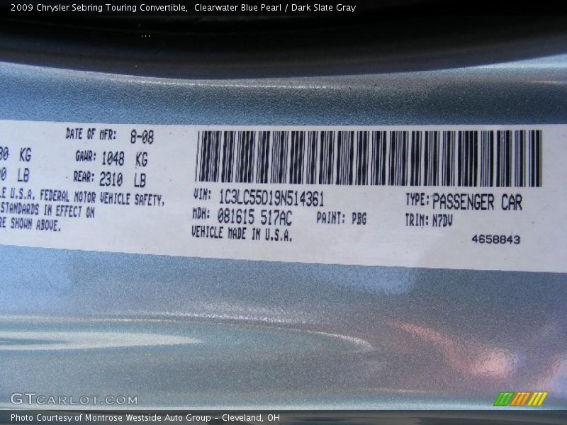 Clearwater Blue Pearl / Dark Slate Gray 2009 Chrysler Sebring Touring Convertible