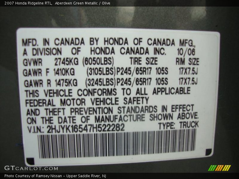 Aberdeen Green Metallic / Olive 2007 Honda Ridgeline RTL