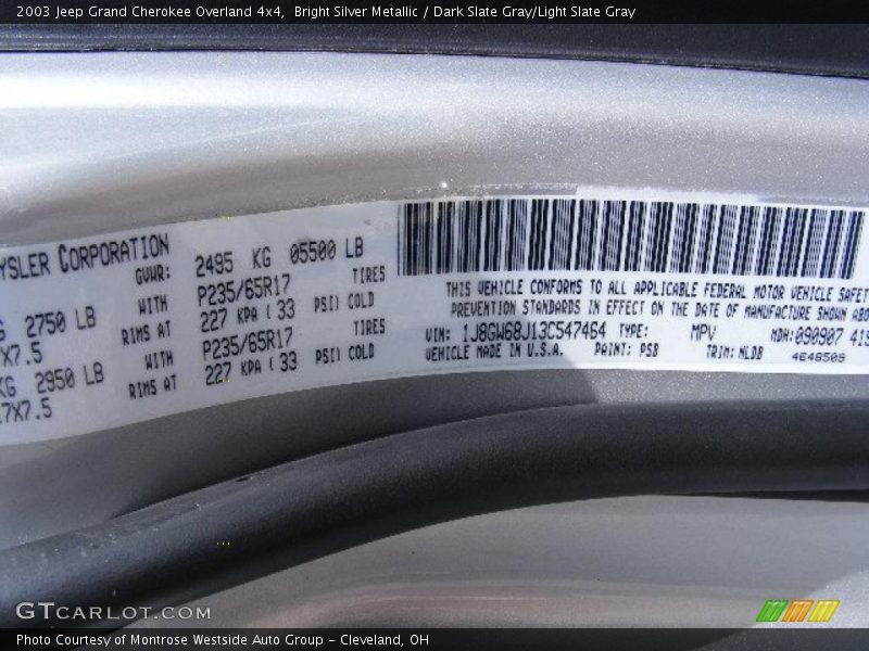 Bright Silver Metallic / Dark Slate Gray/Light Slate Gray 2003 Jeep Grand Cherokee Overland 4x4