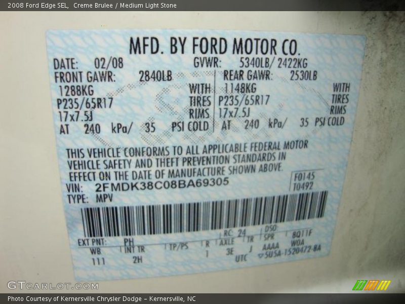 Creme Brulee / Medium Light Stone 2008 Ford Edge SEL