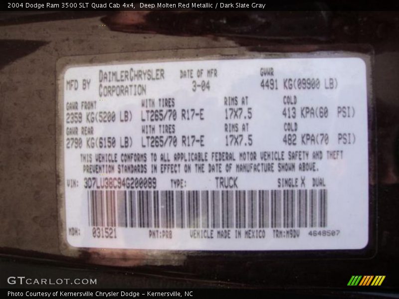 Deep Molten Red Metallic / Dark Slate Gray 2004 Dodge Ram 3500 SLT Quad Cab 4x4