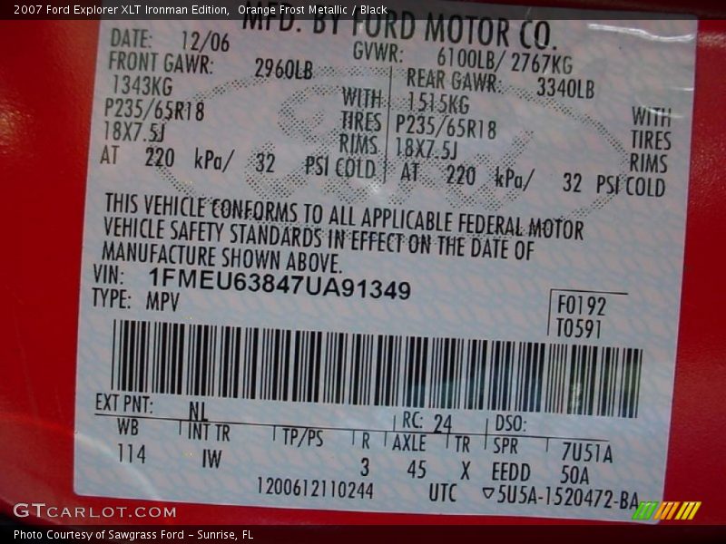 2007 Explorer XLT Ironman Edition Orange Frost Metallic Color Code NL