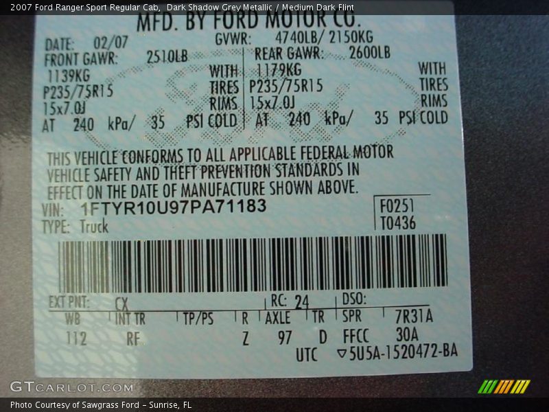 Dark Shadow Grey Metallic / Medium Dark Flint 2007 Ford Ranger Sport Regular Cab