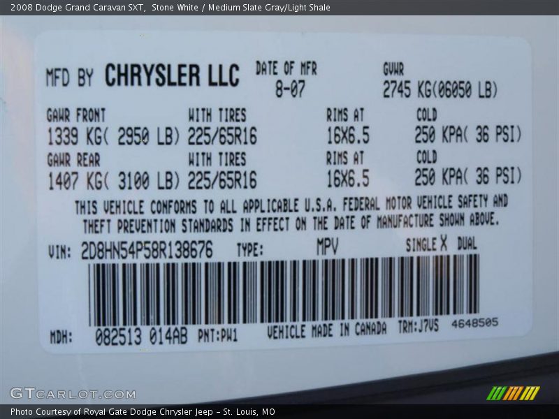 Stone White / Medium Slate Gray/Light Shale 2008 Dodge Grand Caravan SXT