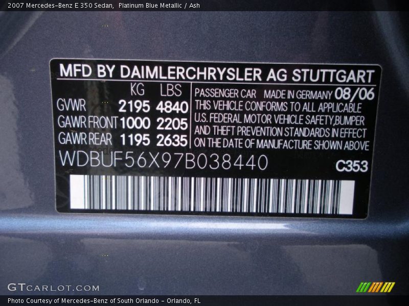 Platinum Blue Metallic / Ash 2007 Mercedes-Benz E 350 Sedan