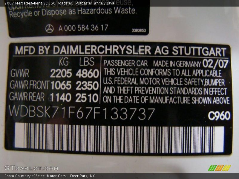 Alabaster White / Java 2007 Mercedes-Benz SL 550 Roadster