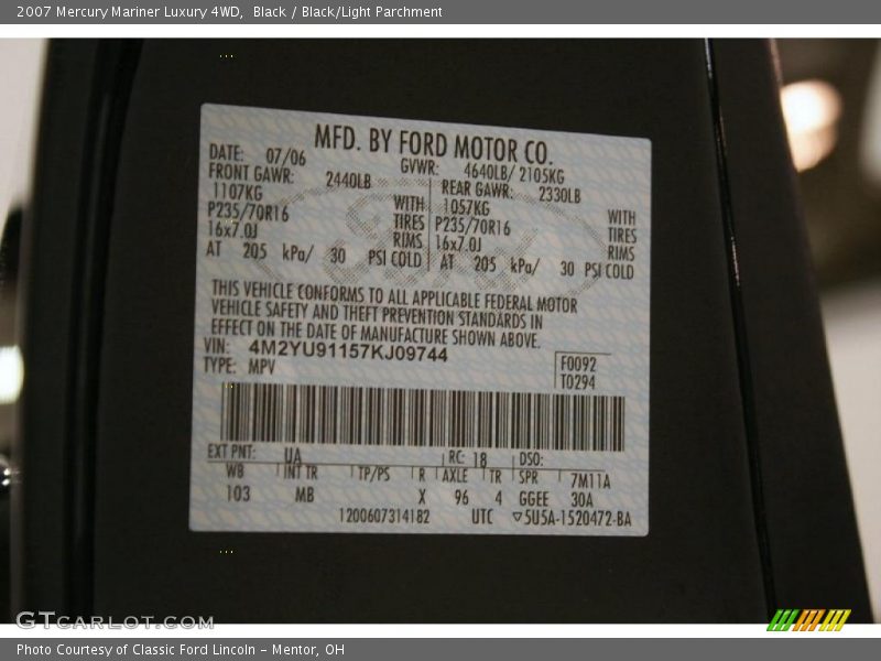 Black / Black/Light Parchment 2007 Mercury Mariner Luxury 4WD