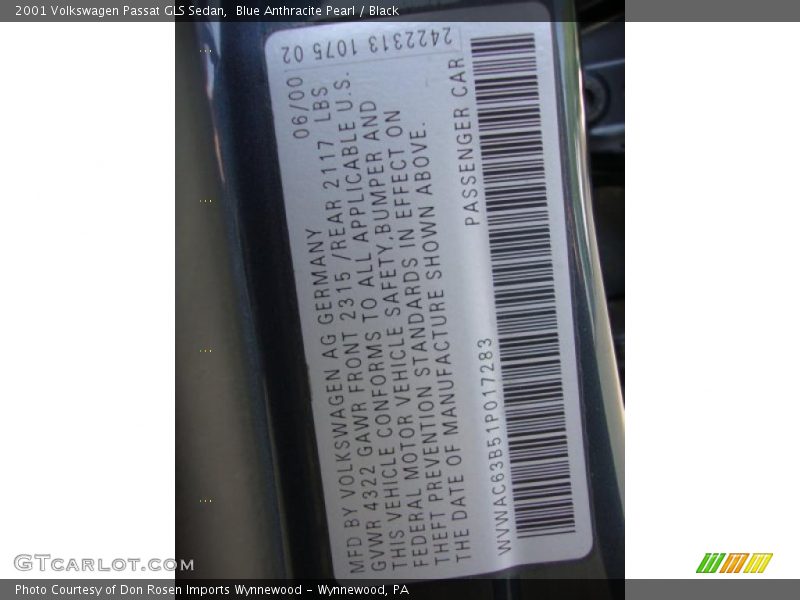 Blue Anthracite Pearl / Black 2001 Volkswagen Passat GLS Sedan