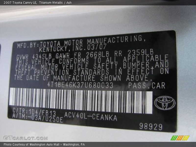 Titanium Metallic / Ash 2007 Toyota Camry LE